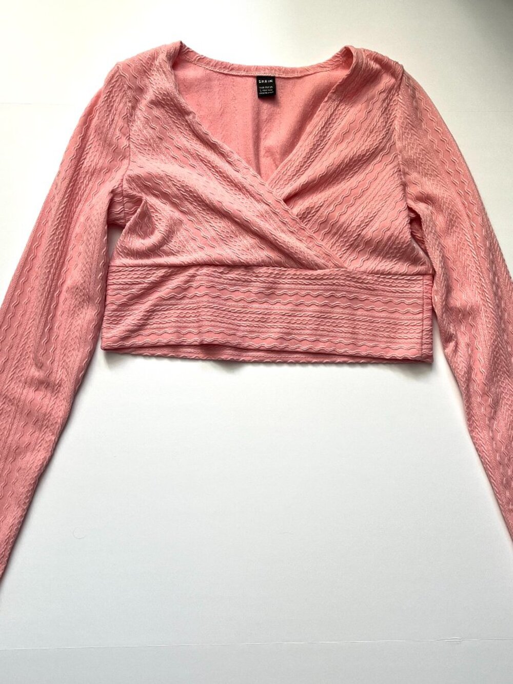 Shein Light Pink Long Sleeve Textured Wrap Crop Top
